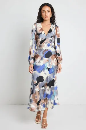 Phoenix Satin Balloon Sleeve Midi Dress - Navy Multi Watercolour