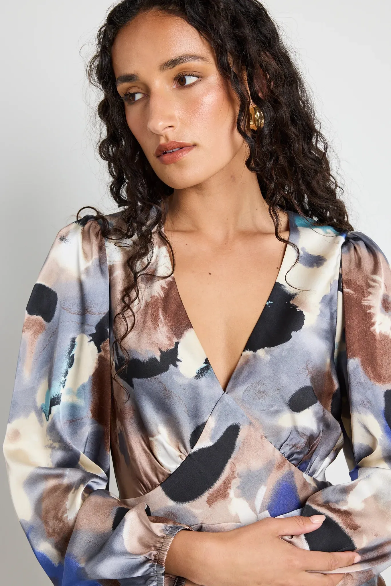 Phoenix Satin Balloon Sleeve Midi Dress - Navy Multi Watercolour