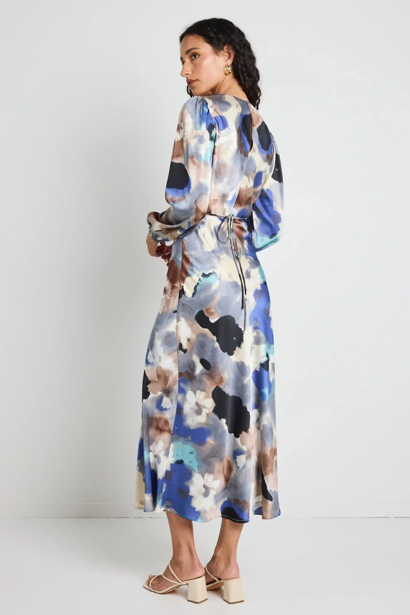 Phoenix Satin Balloon Sleeve Midi Dress - Navy Multi Watercolour