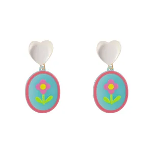 Pink Acrylic & Cat's Eye Silver-Plated Heart Flower Drop Earrings