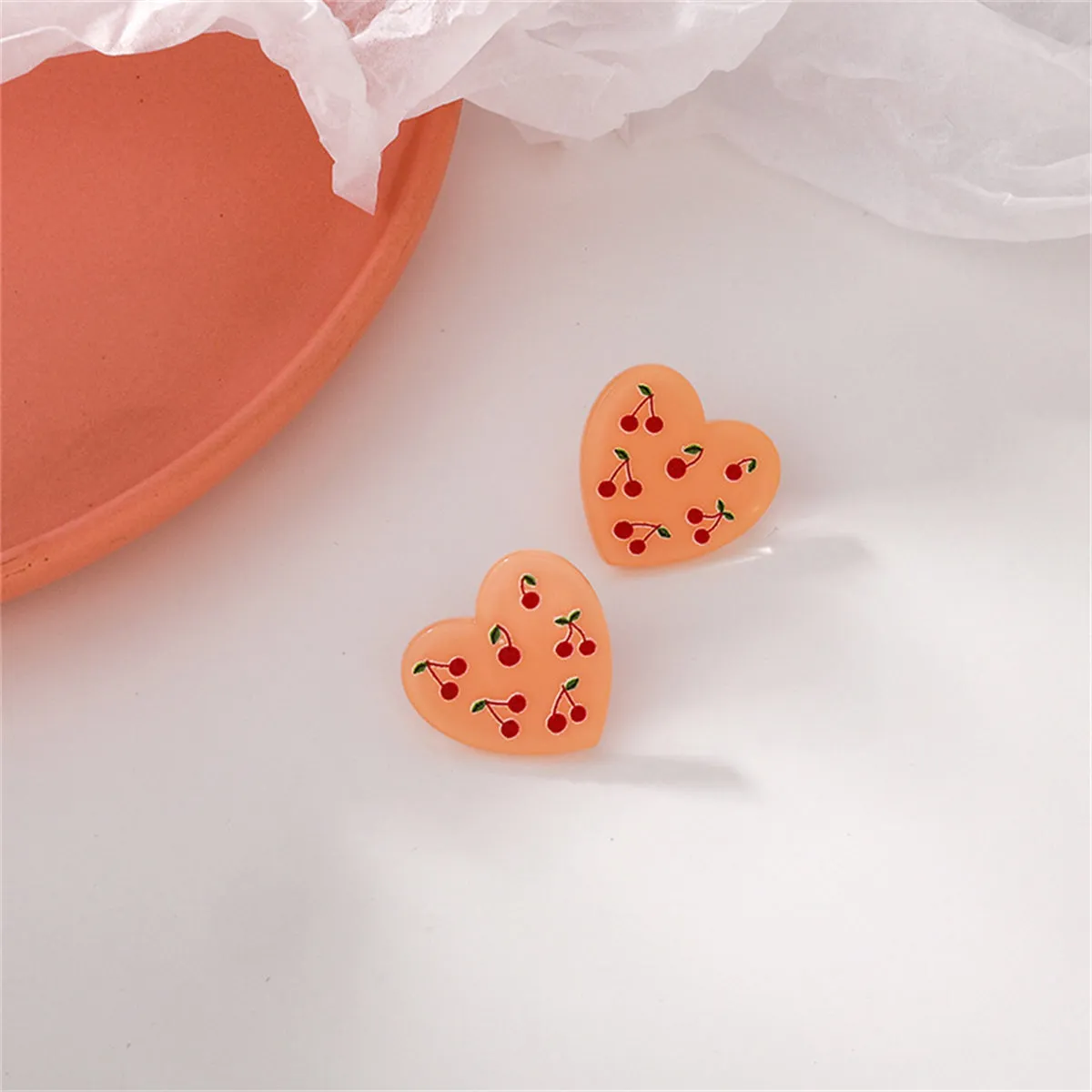 Pink Acrylic & Silver-Plated Cherry-Heart Stud Earrings