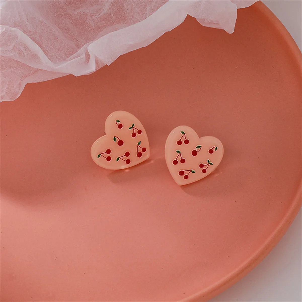 Pink Acrylic & Silver-Plated Cherry-Heart Stud Earrings
