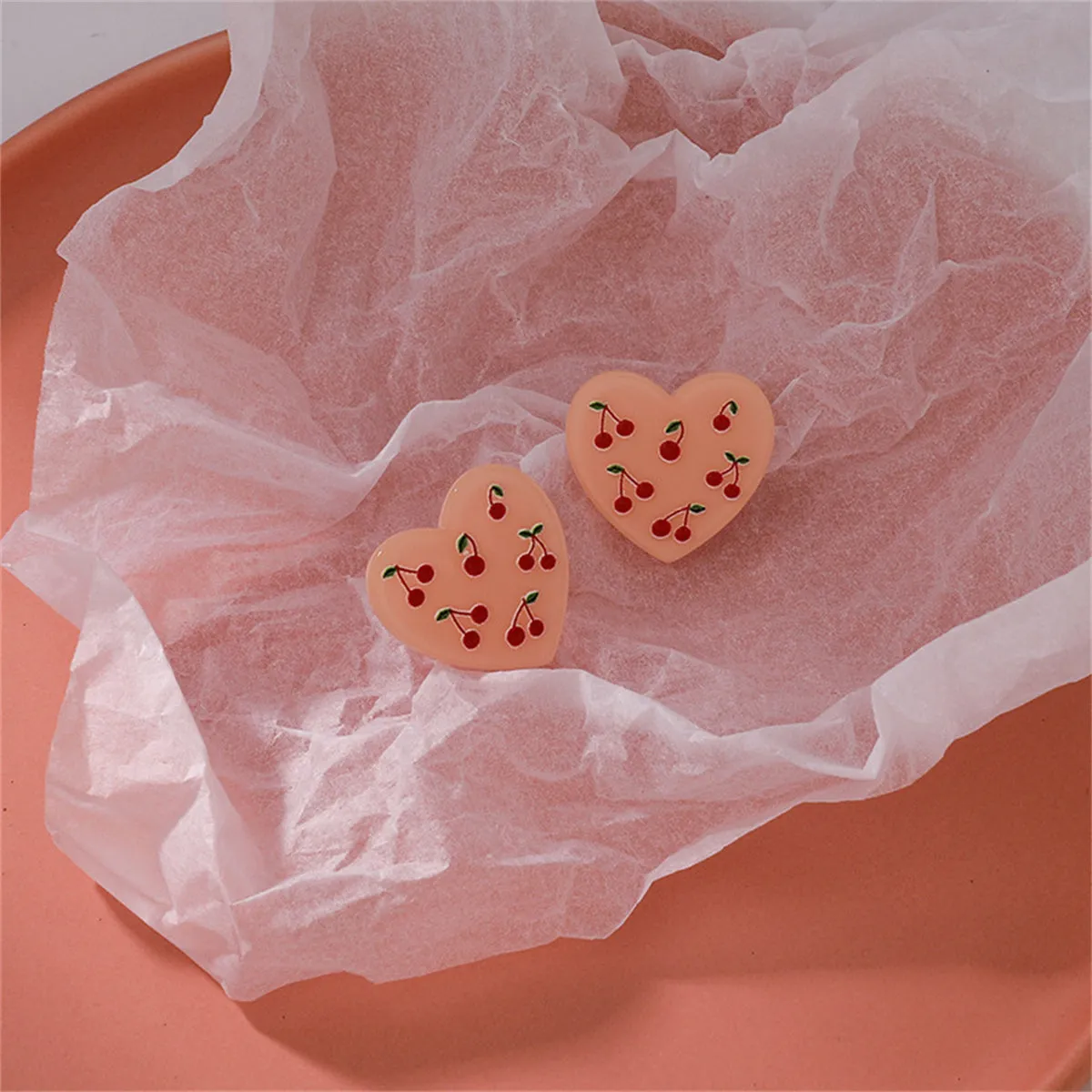 Pink Acrylic & Silver-Plated Cherry-Heart Stud Earrings