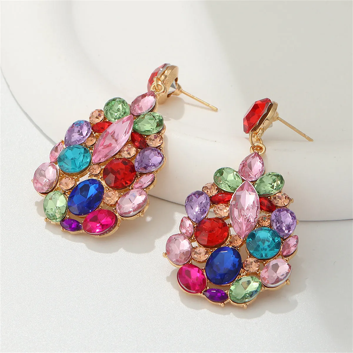 Pink & Blue Crystal Oval Drop Earrings