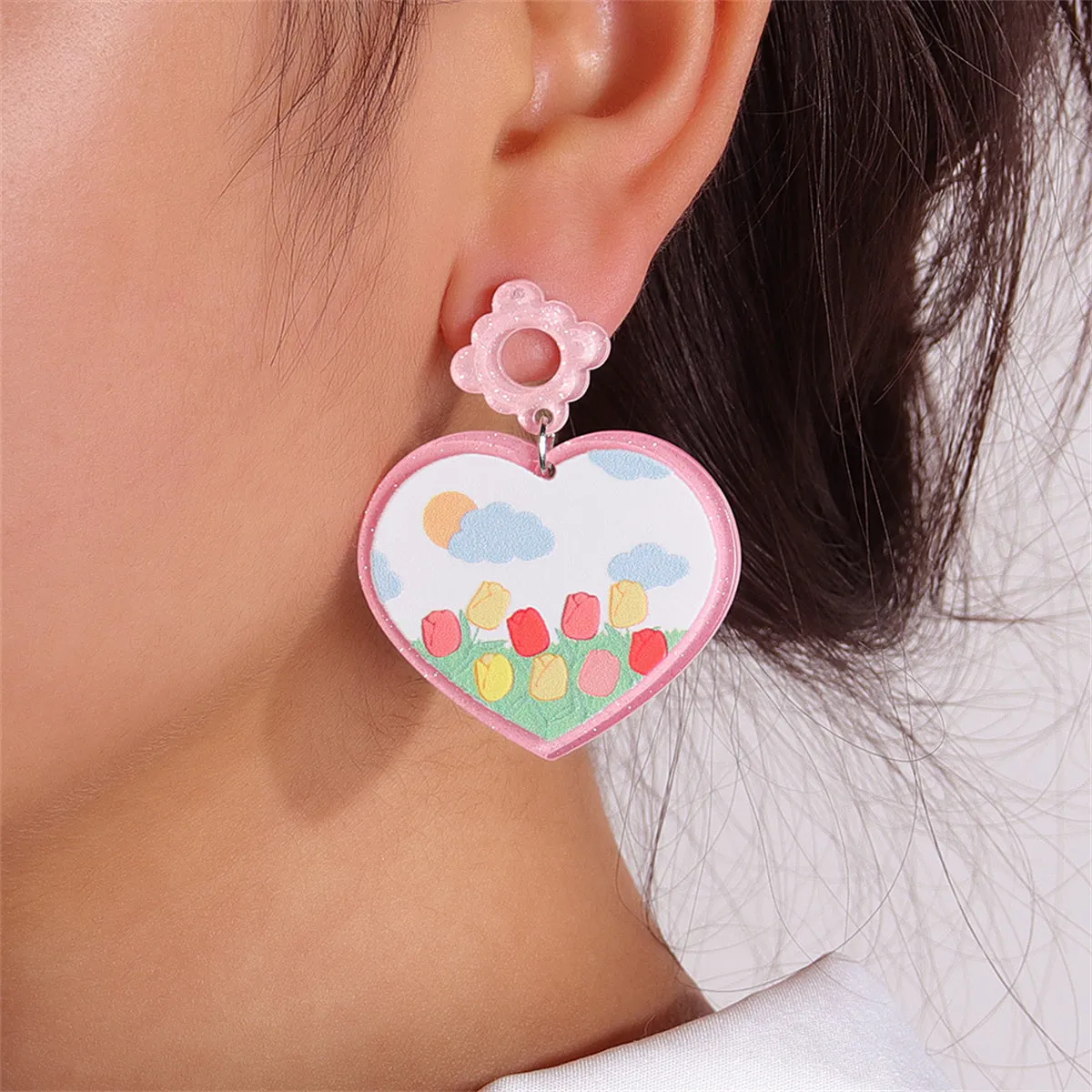 Pink & Blue Garden Heart Drop Earrings