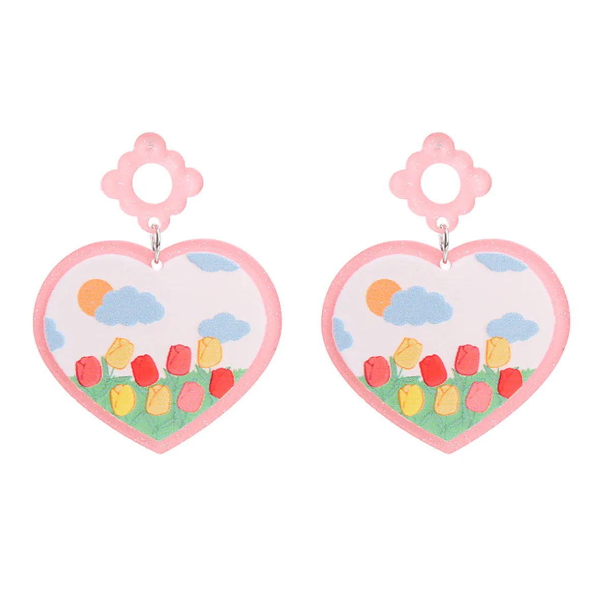 Pink & Blue Garden Heart Drop Earrings