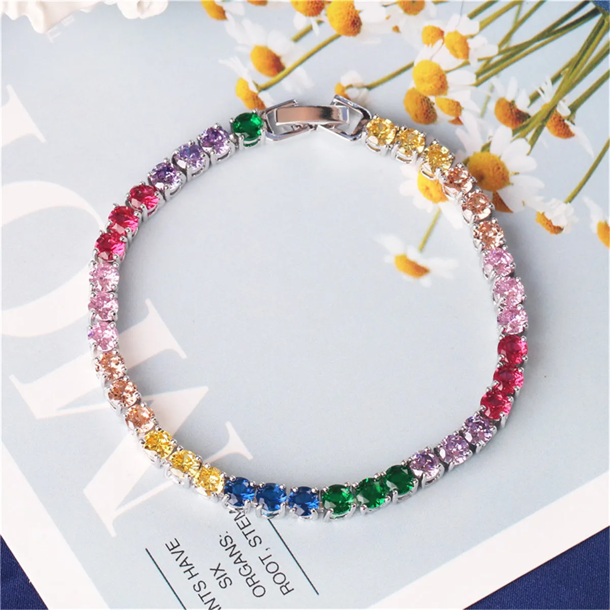 Pink & Purple Crystal Silver-Plated Tennis Bracelet