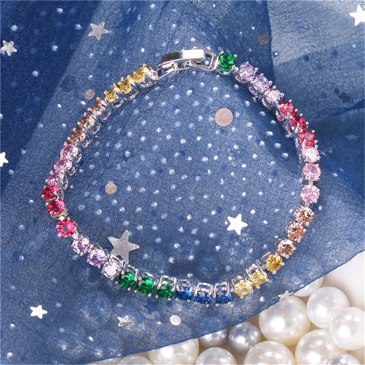 Pink & Purple Crystal Silver-Plated Tennis Bracelet