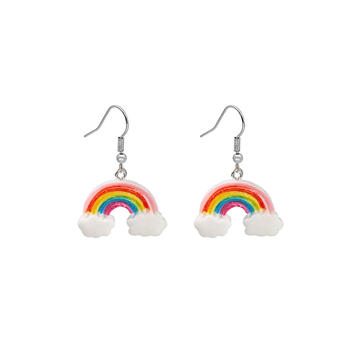Pink & White Glitter Rainbow Cloud Drop Earrings