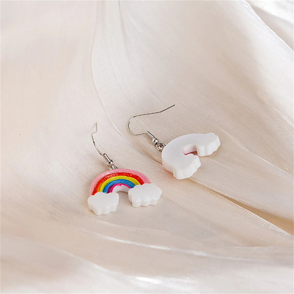 Pink & White Glitter Rainbow Cloud Drop Earrings