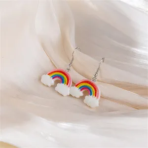 Pink & White Glitter Rainbow Cloud Drop Earrings