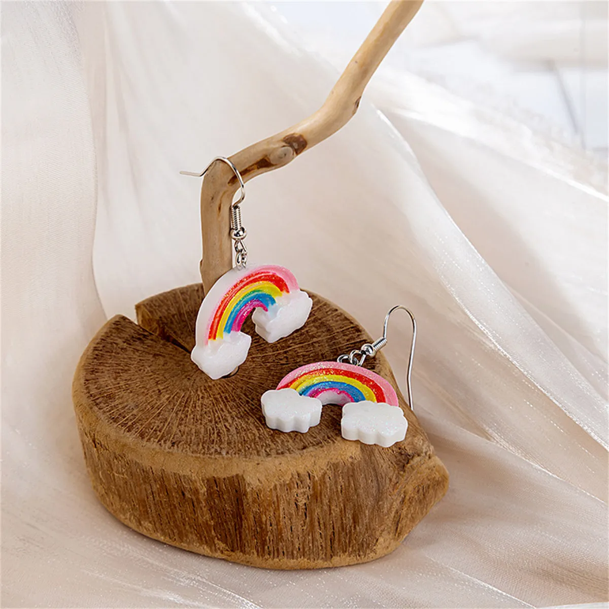 Pink & White Glitter Rainbow Cloud Drop Earrings