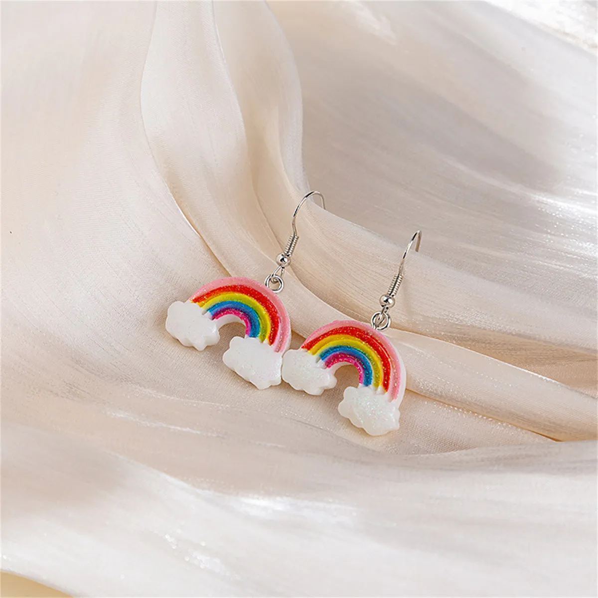 Pink & White Glitter Rainbow Cloud Drop Earrings
