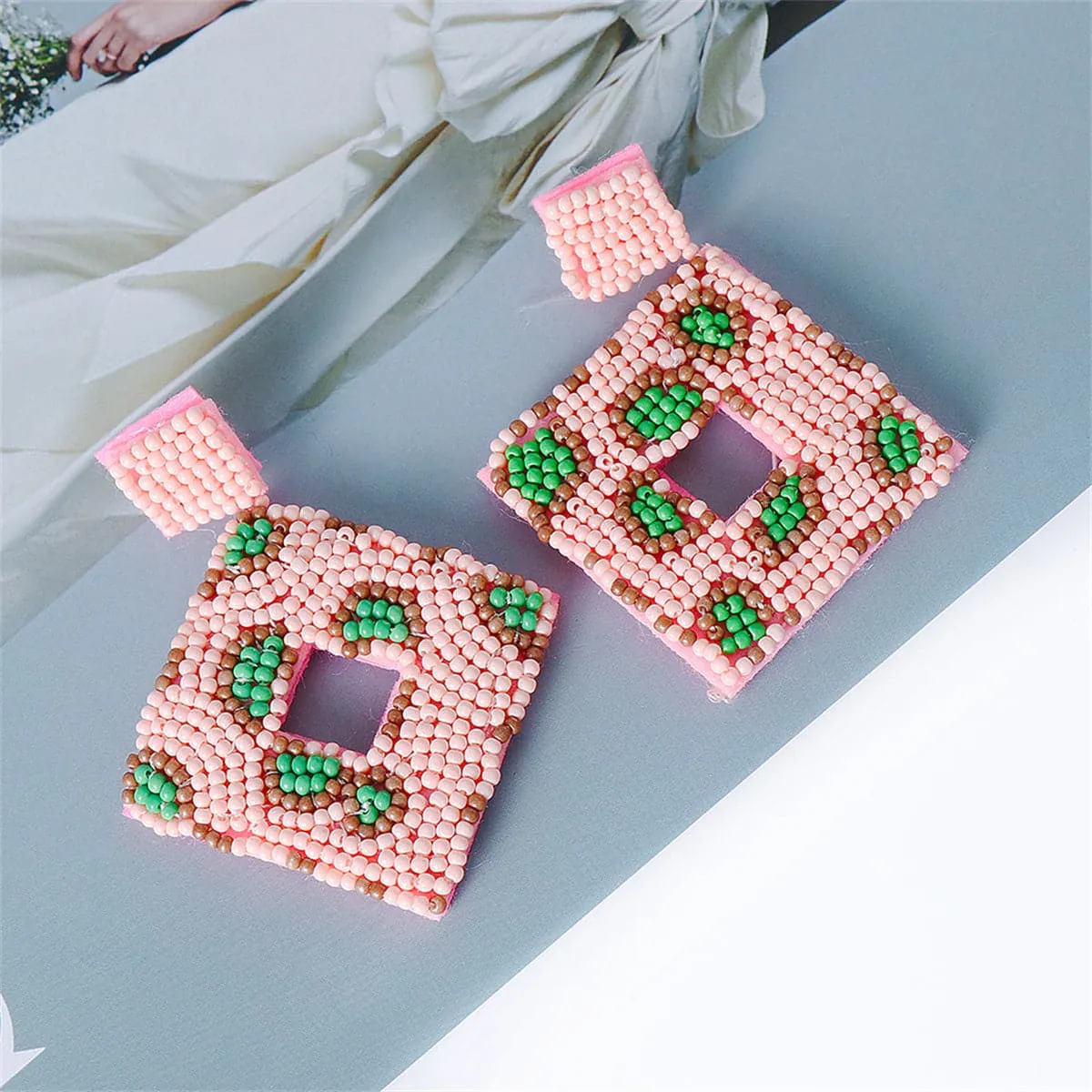 Pink & White Howlite Open Square Drop Earrings