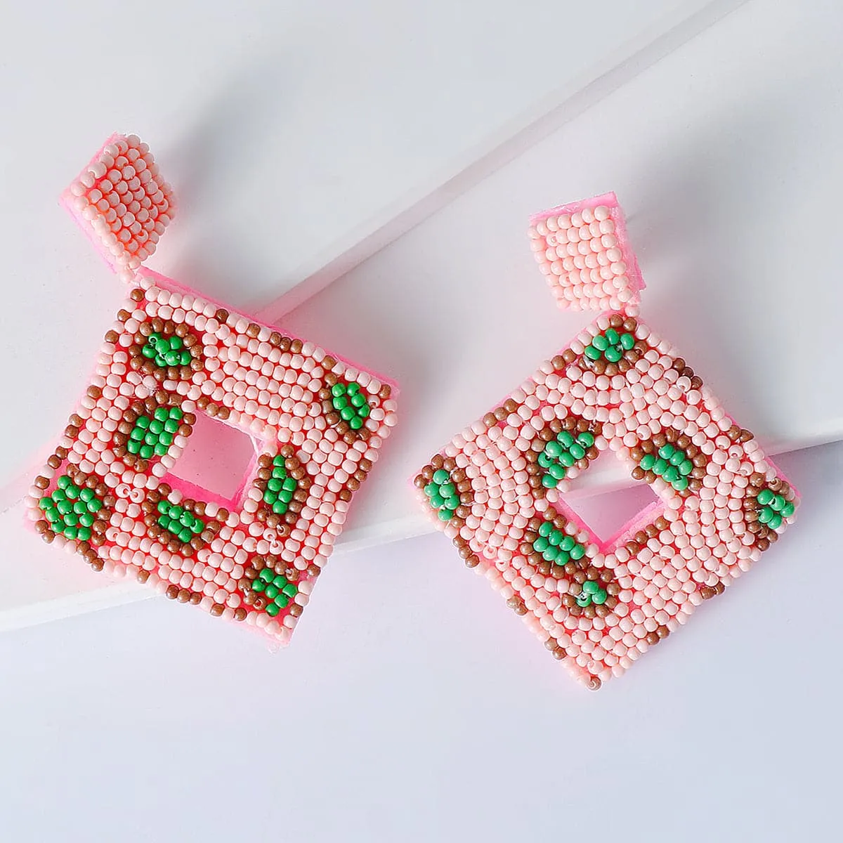 Pink & White Howlite Open Square Drop Earrings