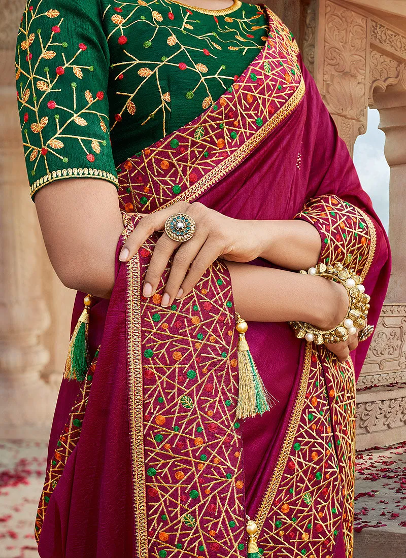 Pink And Green Multi Embroidered Saree