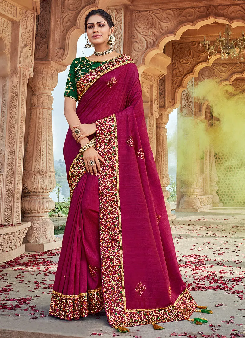 Pink And Green Multi Embroidered Saree