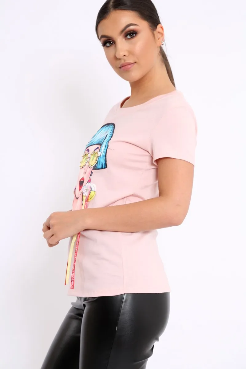 Pink Crew Neck Girls Face T-shirt with Tassels - Leacy