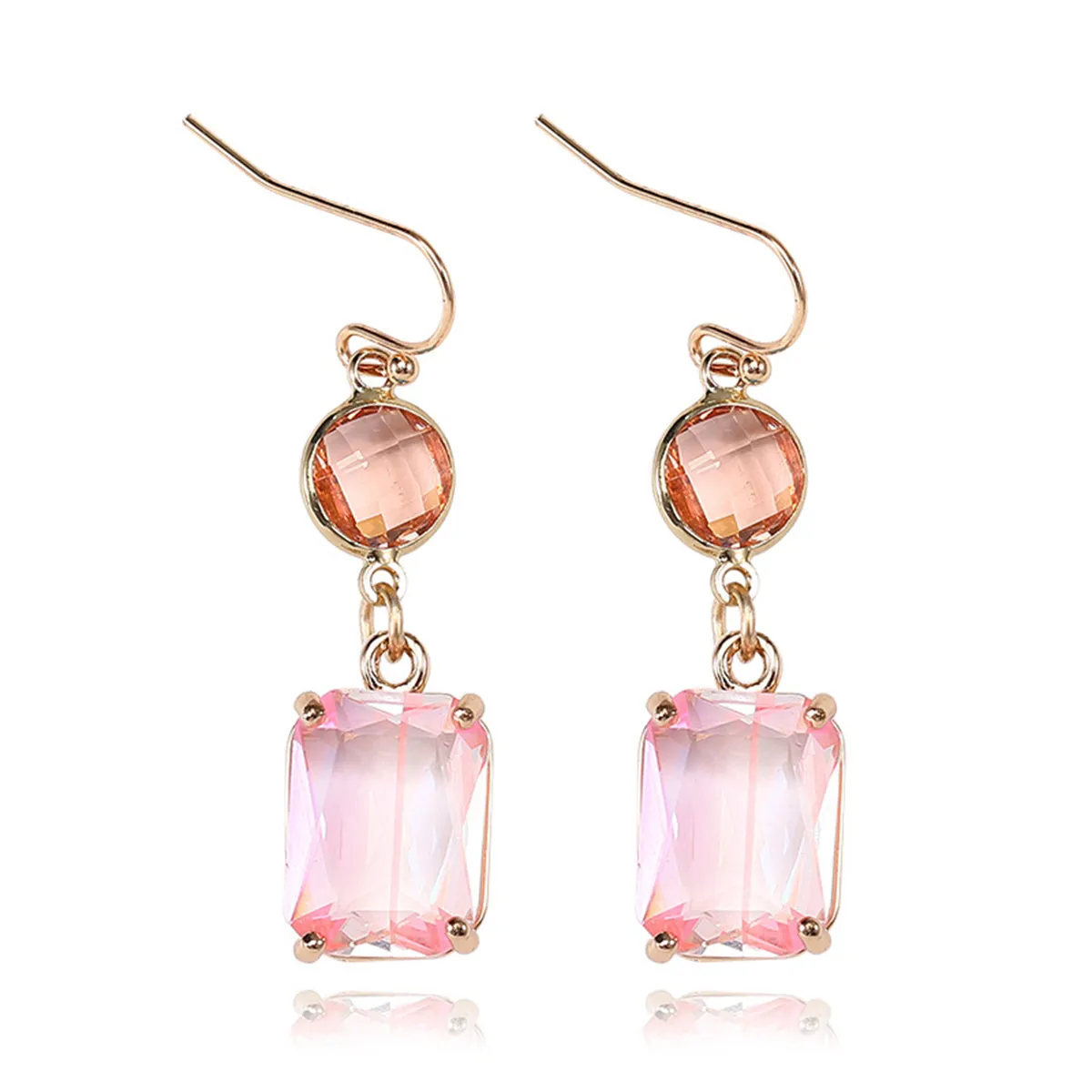 Pink Crystal & 18K Gold-Plated Round Rectangle Drop Earrings
