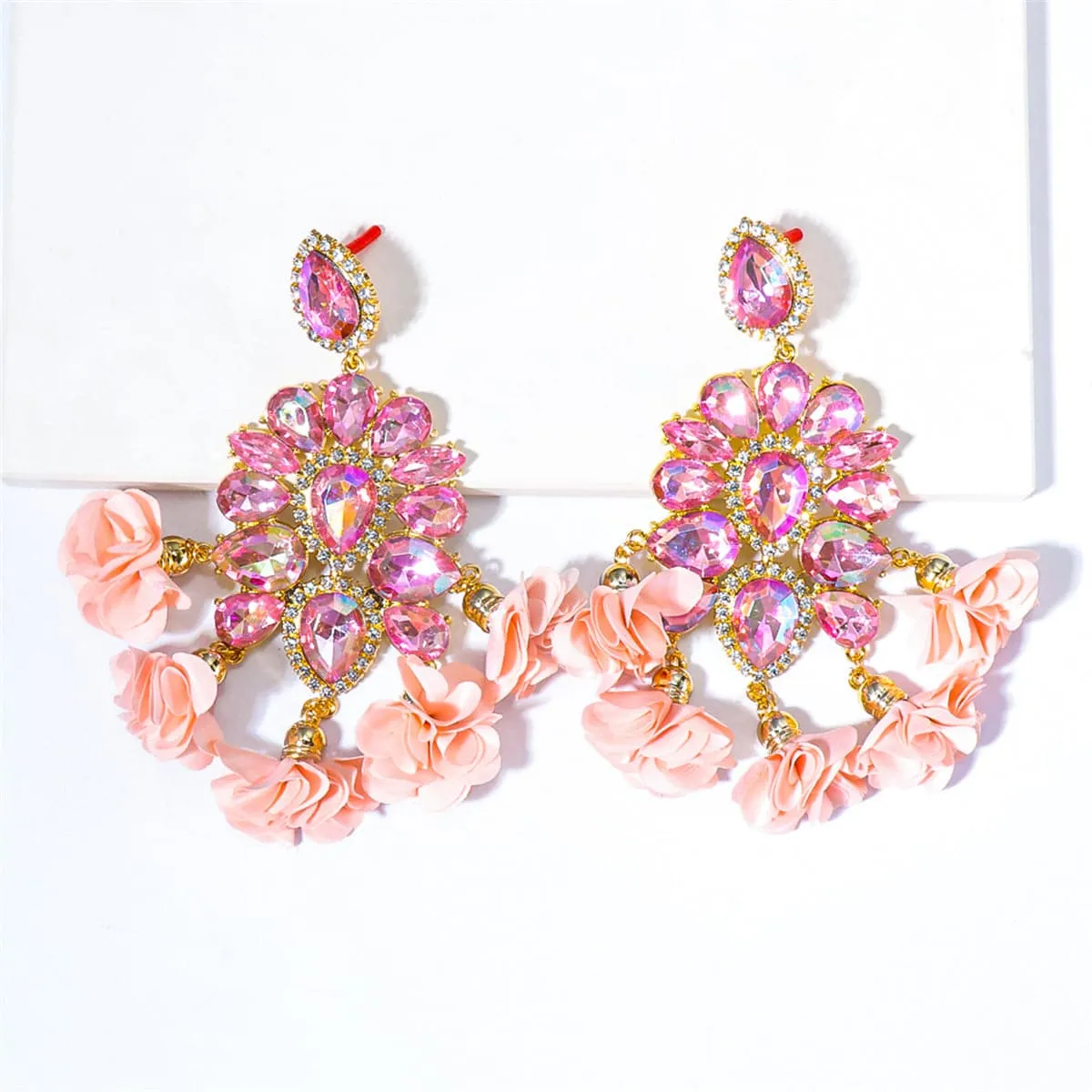 Pink Crystal & Cubic Zirconia Floral Tassel Pear Drop Earrings