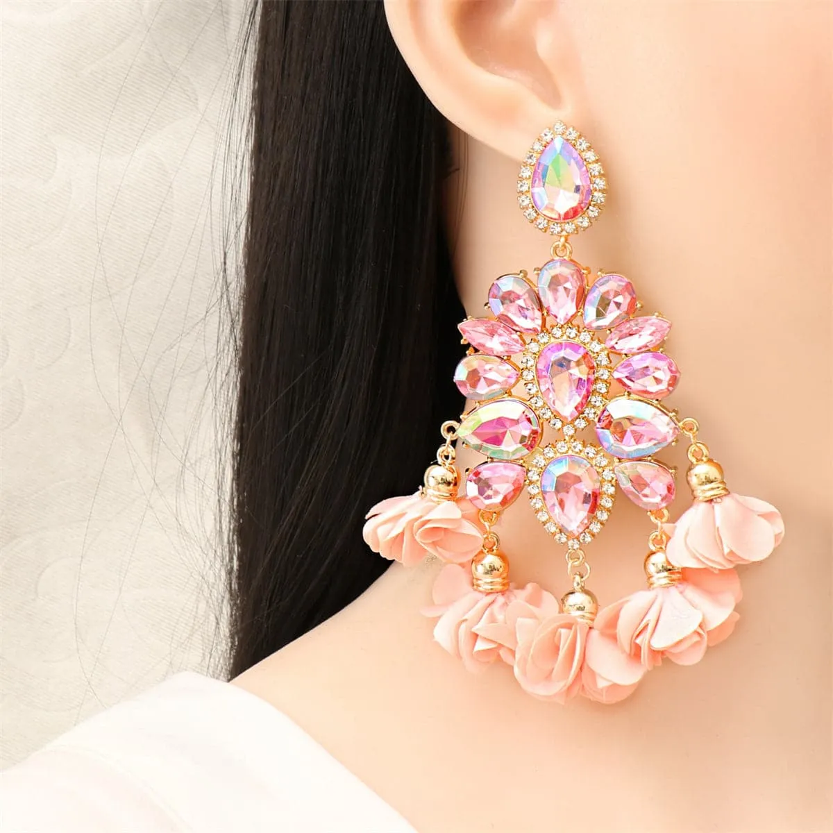 Pink Crystal & Cubic Zirconia Floral Tassel Pear Drop Earrings