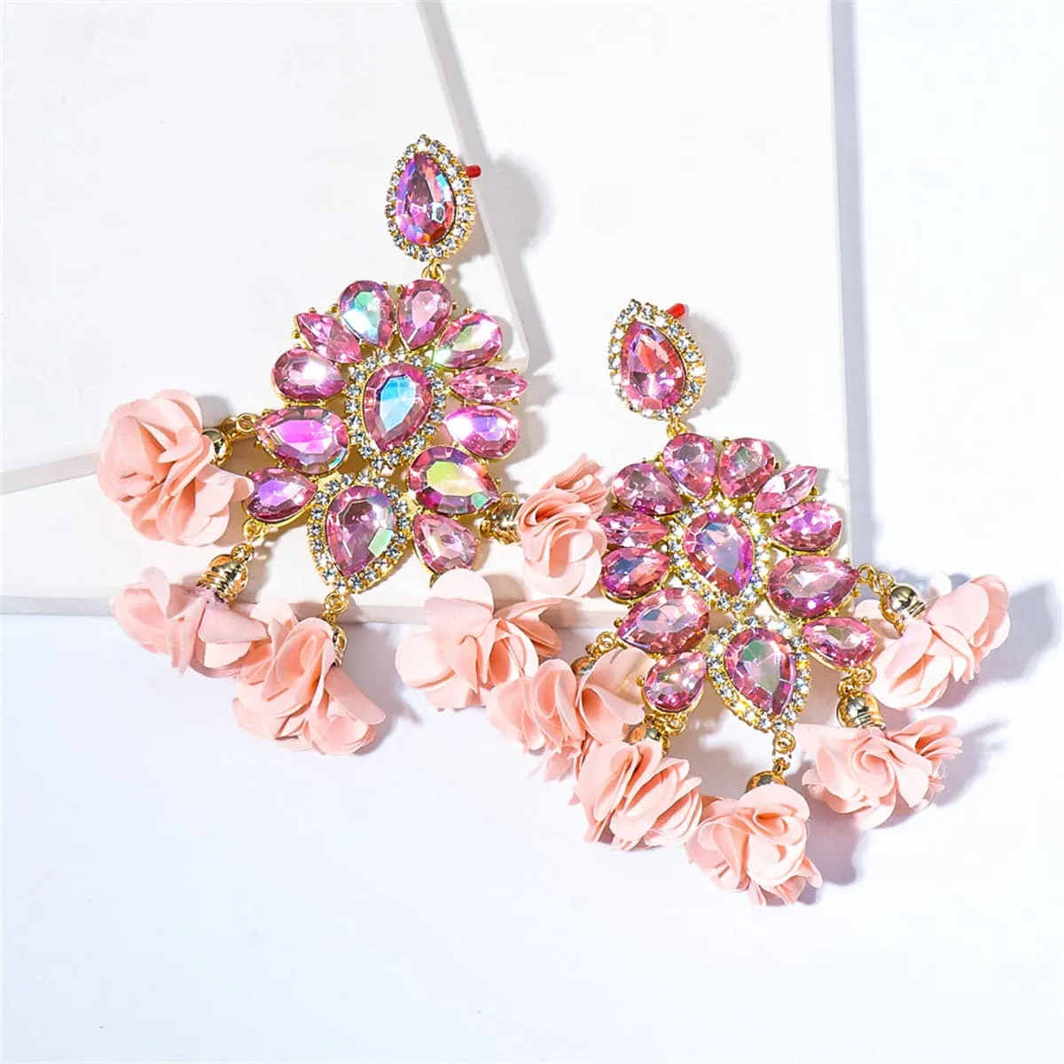Pink Crystal & Cubic Zirconia Floral Tassel Pear Drop Earrings