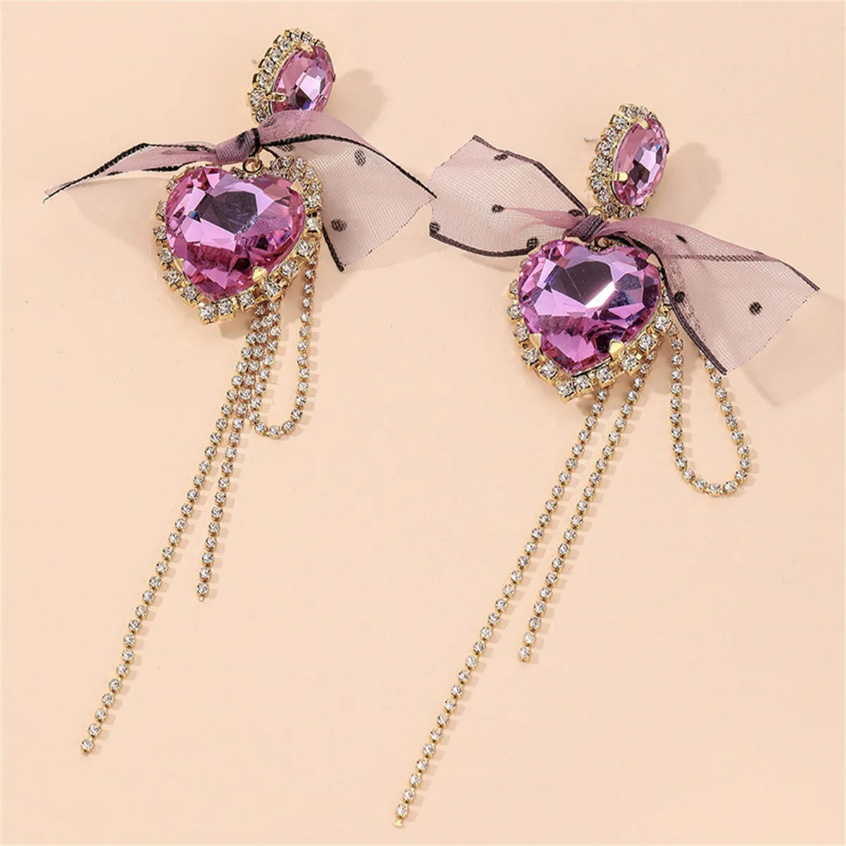 Pink Crystal & Cubic Zirconia Heart Bow Drop Earrings