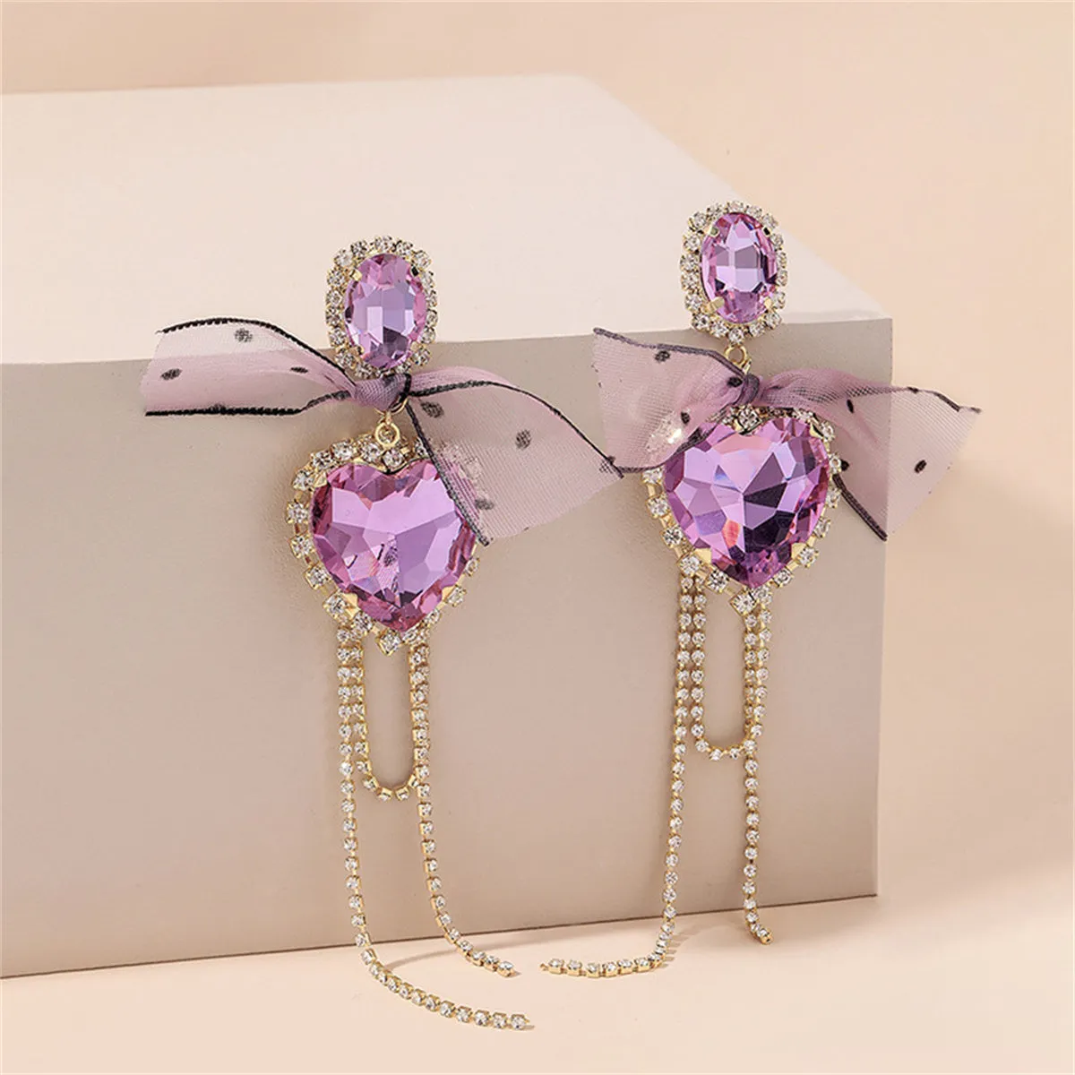 Pink Crystal & Cubic Zirconia Heart Bow Drop Earrings