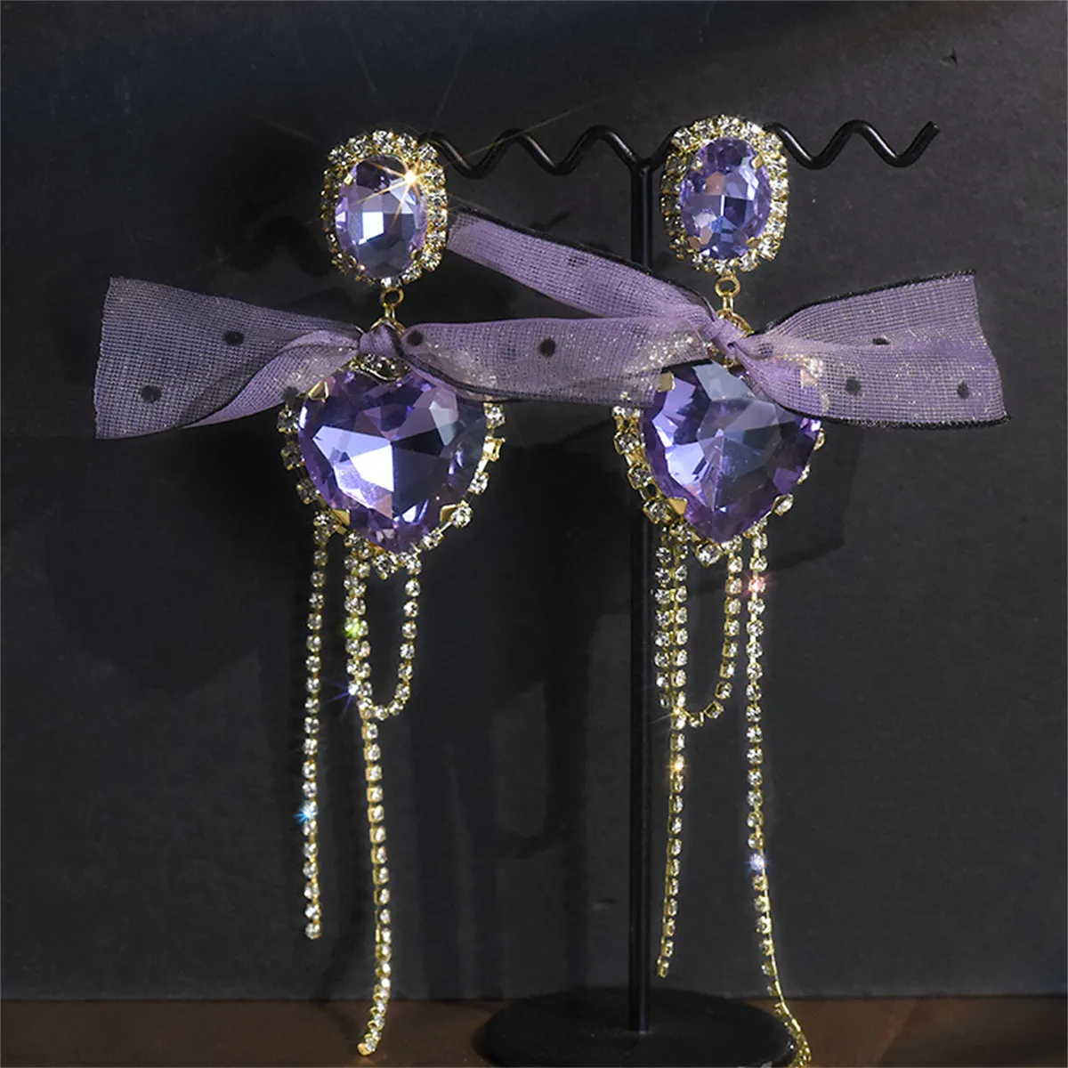 Pink Crystal & Cubic Zirconia Heart Bow Drop Earrings