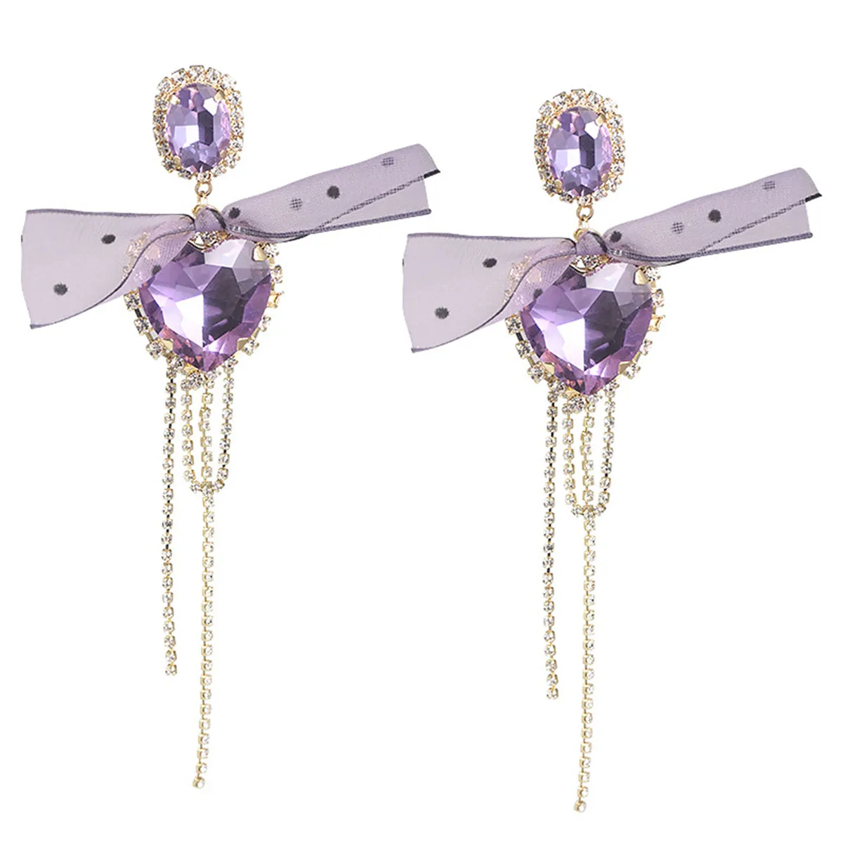 Pink Crystal & Cubic Zirconia Heart Bow Drop Earrings
