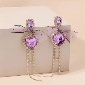Pink Crystal & Cubic Zirconia Heart Bow Drop Earrings