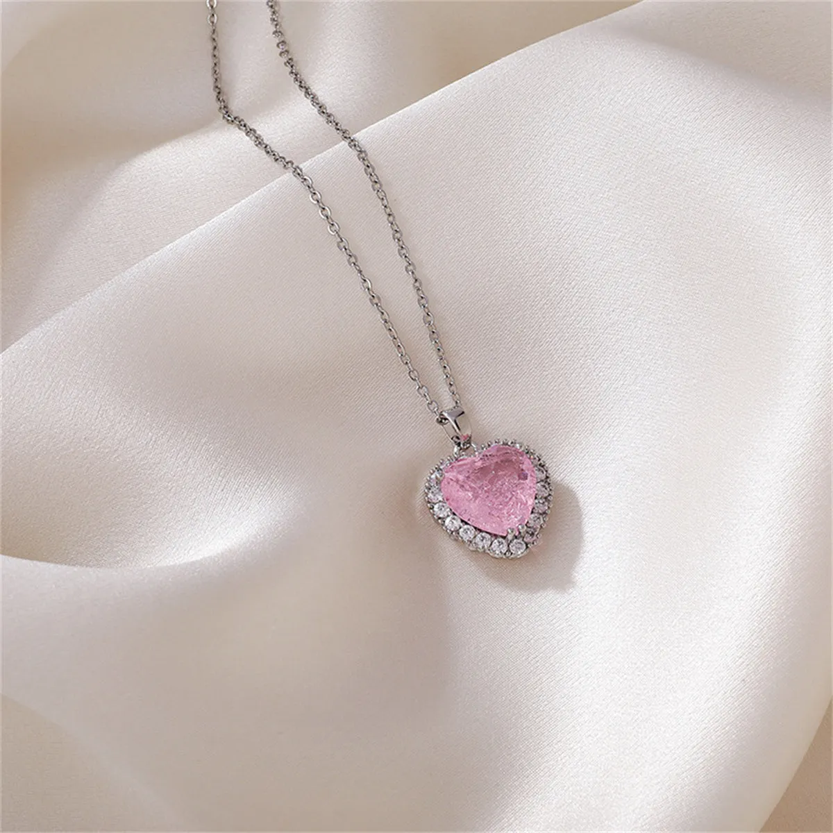 Pink Crystal & Cubic Zirconia Heart Hola Pendant Necklace