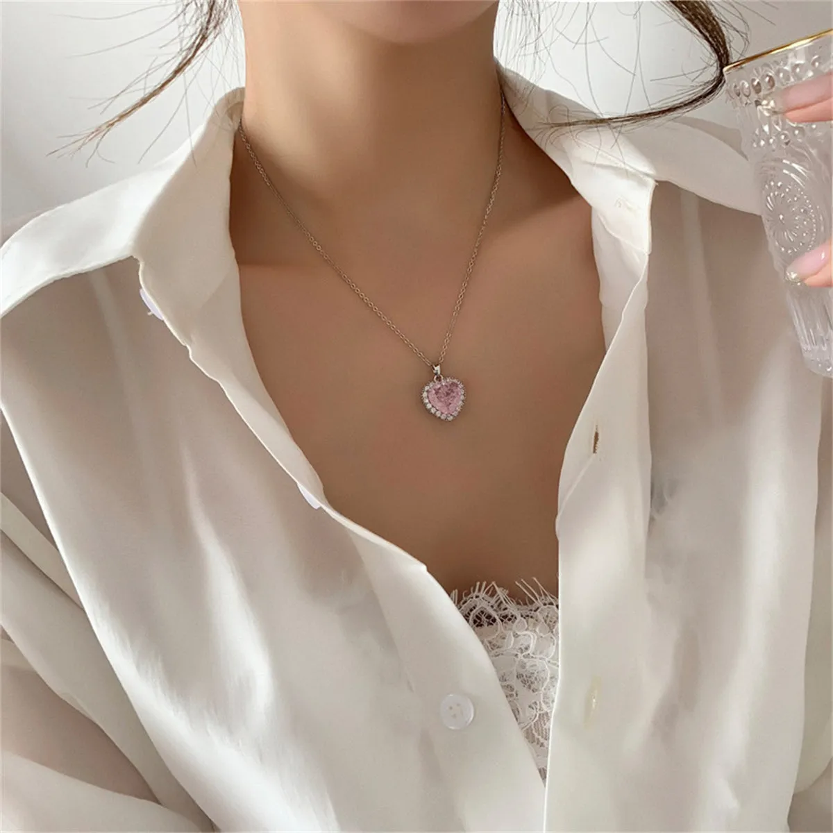 Pink Crystal & Cubic Zirconia Heart Hola Pendant Necklace