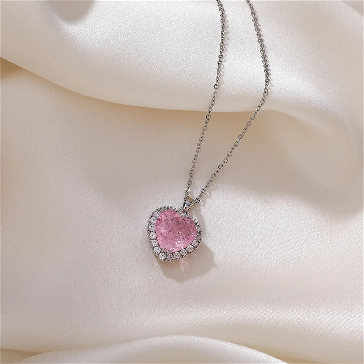 Pink Crystal & Cubic Zirconia Heart Hola Pendant Necklace