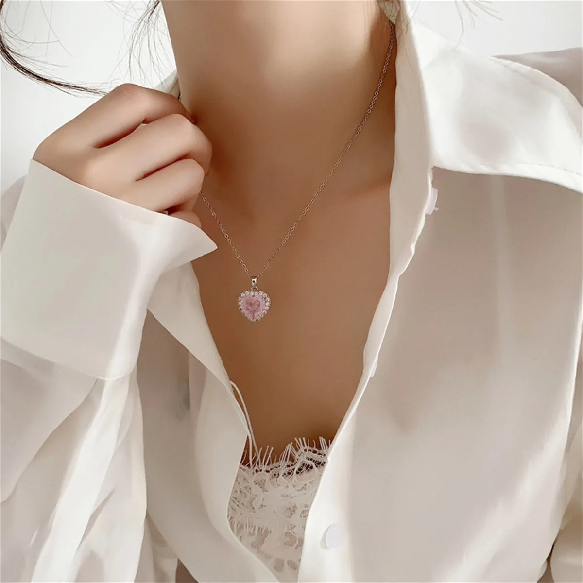 Pink Crystal & Cubic Zirconia Heart Hola Pendant Necklace