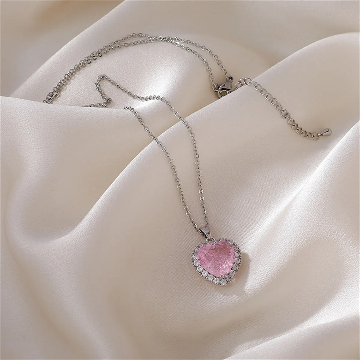 Pink Crystal & Cubic Zirconia Heart Hola Pendant Necklace