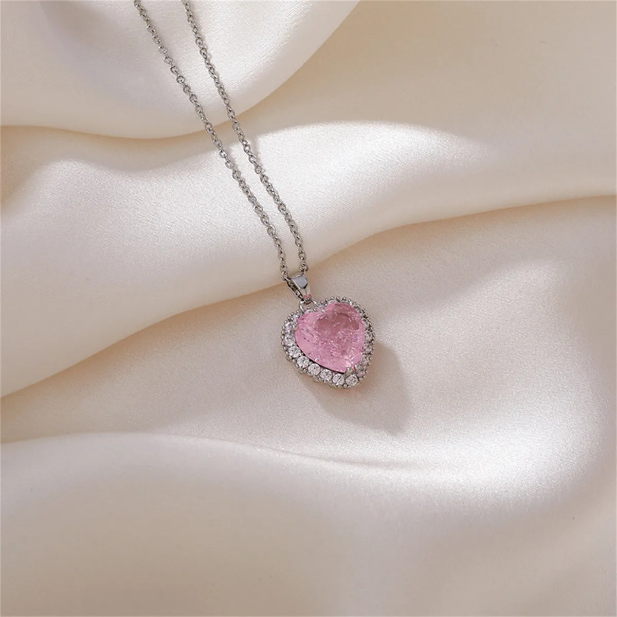 Pink Crystal & Cubic Zirconia Heart Hola Pendant Necklace