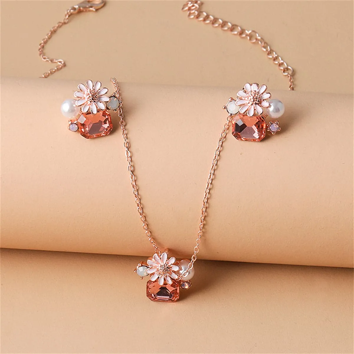 Pink Crystal & Cubic Zirconia Pearl Flower Stud Earrings Set