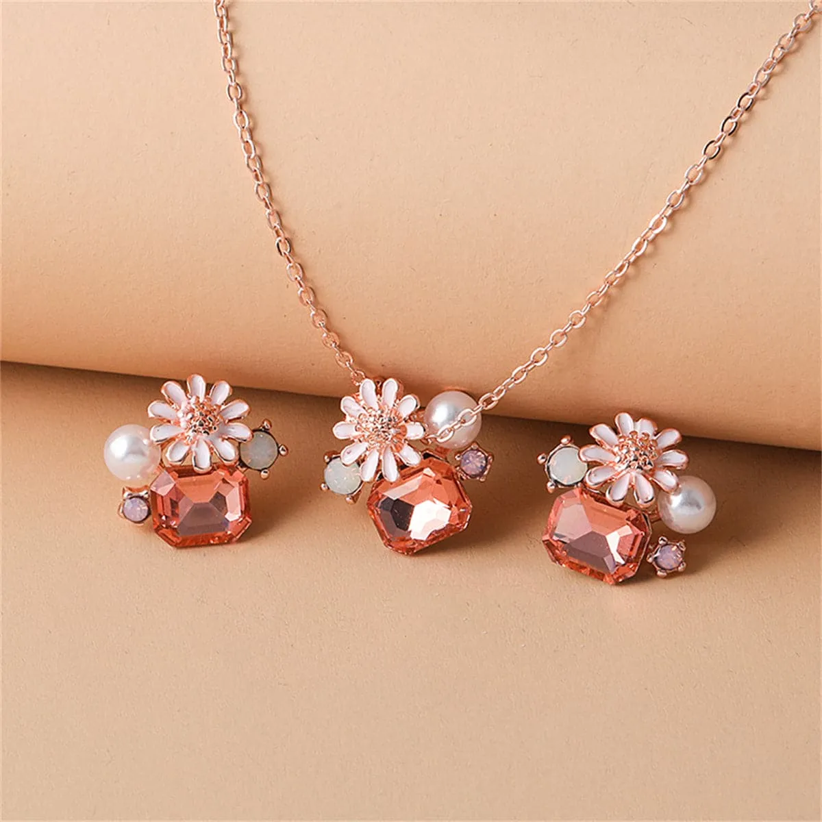 Pink Crystal & Cubic Zirconia Pearl Flower Stud Earrings Set