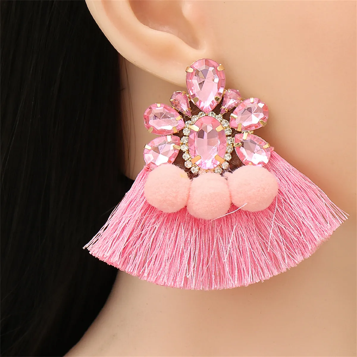 Pink Crystal & Polyster 18K Gold-Plated Tassel Drop Earring
