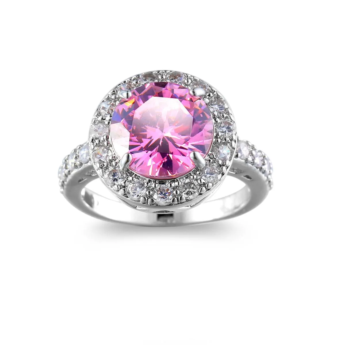 Pink Cubic Zirconia & Crystal Halo Round Ring