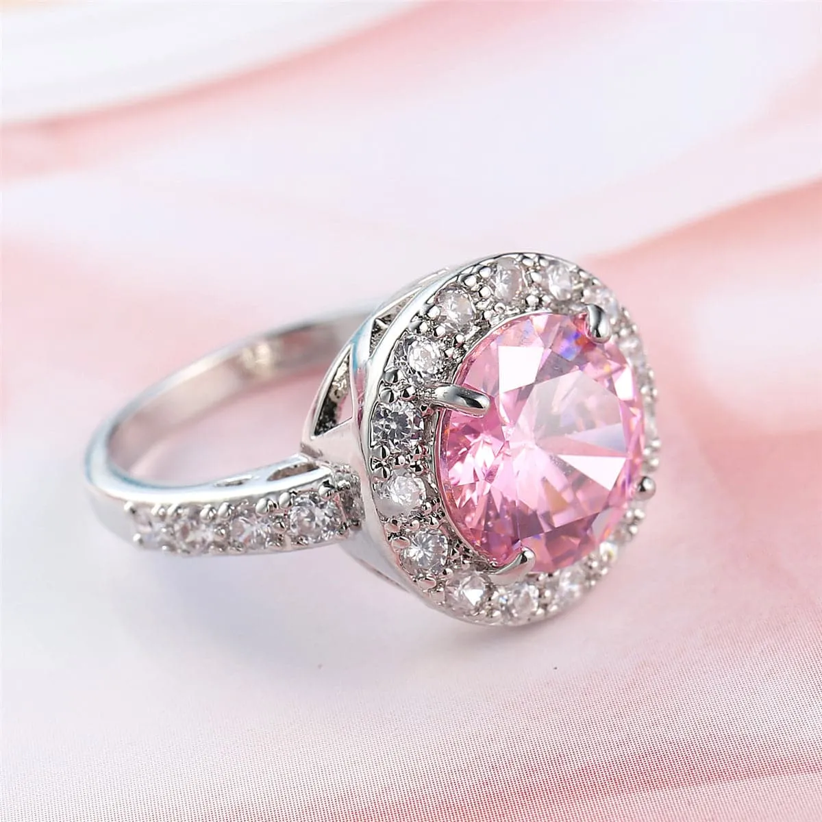 Pink Cubic Zirconia & Crystal Halo Round Ring