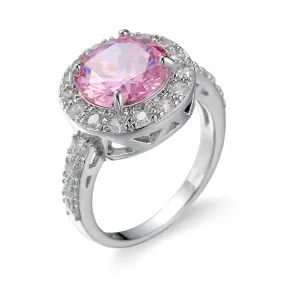 Pink Cubic Zirconia & Crystal Halo Round Ring