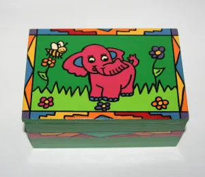 Pink Elephant Wood Box Carved Painted Vibrant Colors South Africa 6"W X 4"D X 3"H