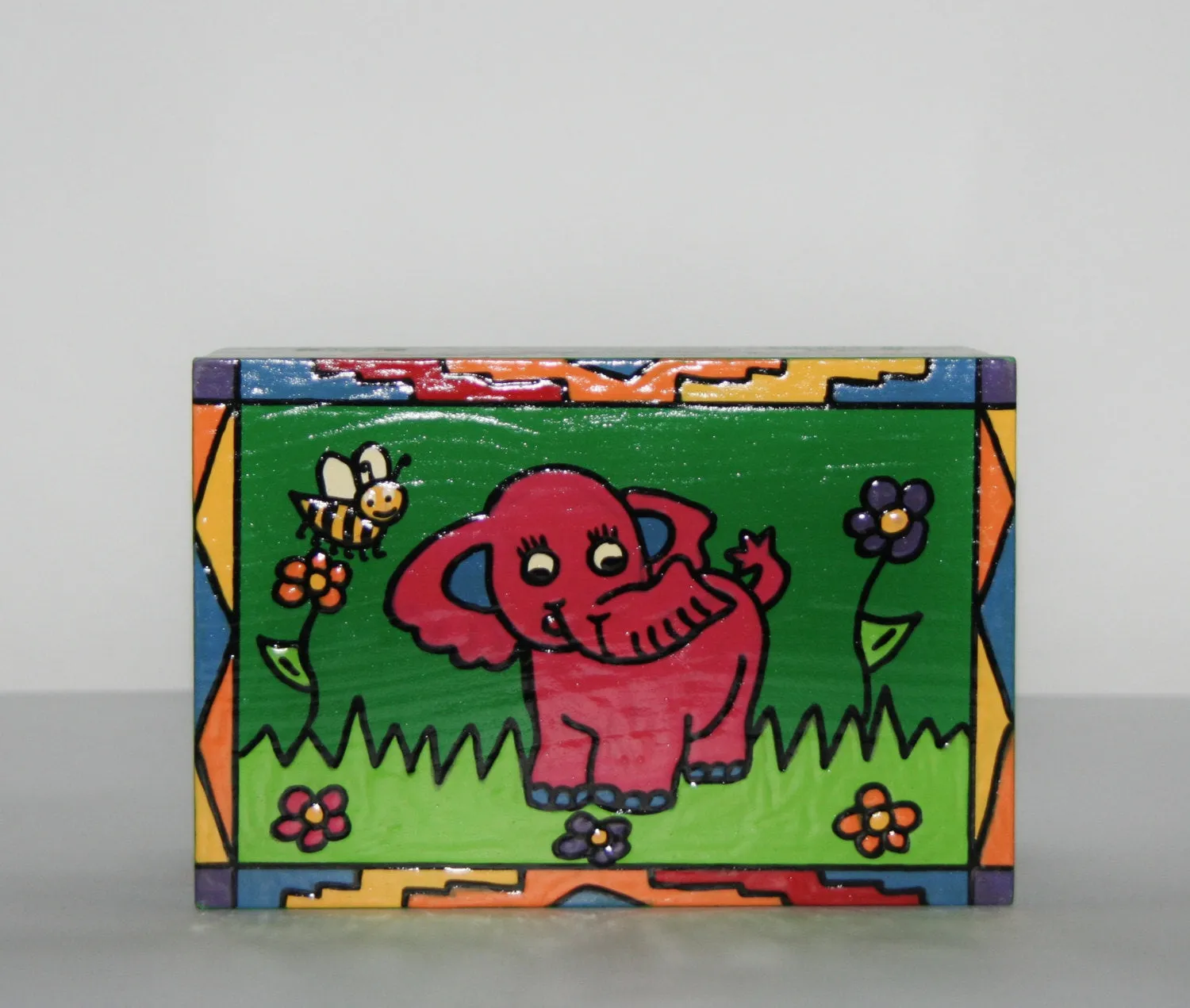 Pink Elephant Wood Box Carved Painted Vibrant Colors South Africa 6"W X 4"D X 3"H