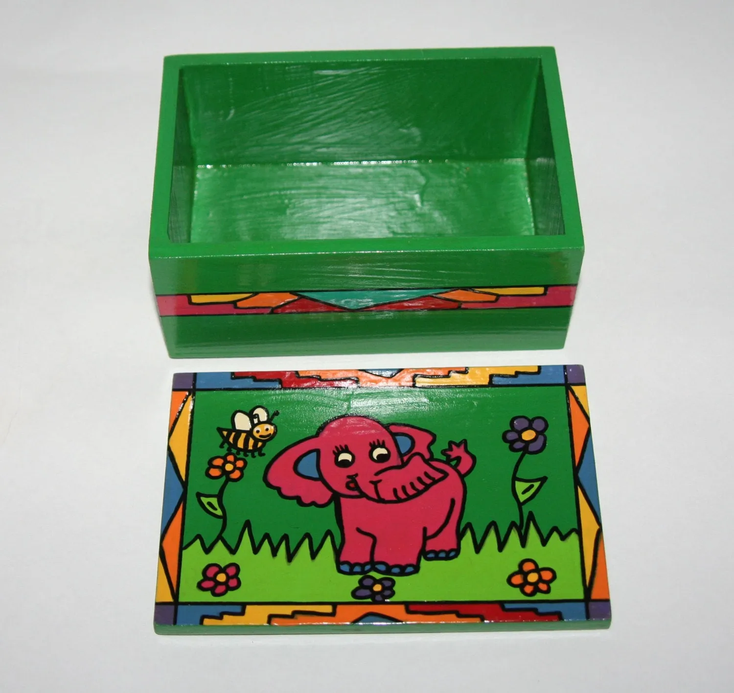 Pink Elephant Wood Box Carved Painted Vibrant Colors South Africa 6"W X 4"D X 3"H