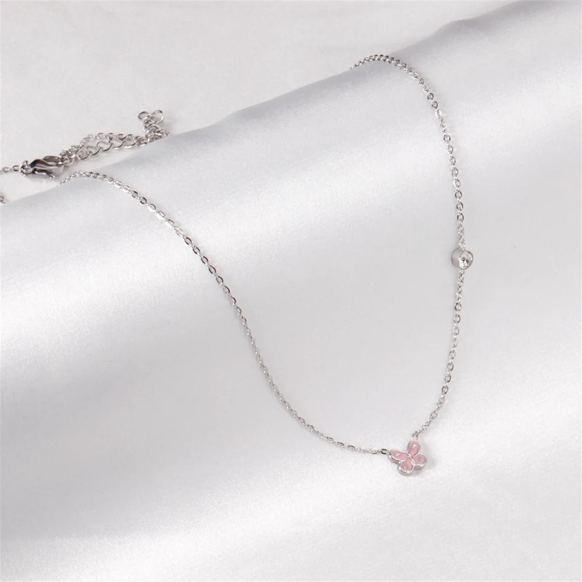 Pink Enamel & Cubic Zirconia Silver-Plated Butterfly Pendant Necklace