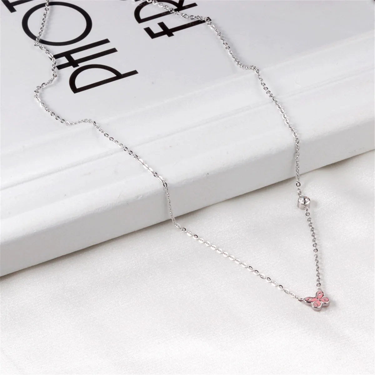 Pink Enamel & Cubic Zirconia Silver-Plated Butterfly Pendant Necklace