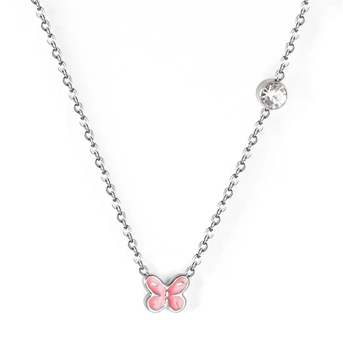 Pink Enamel & Cubic Zirconia Silver-Plated Butterfly Pendant Necklace