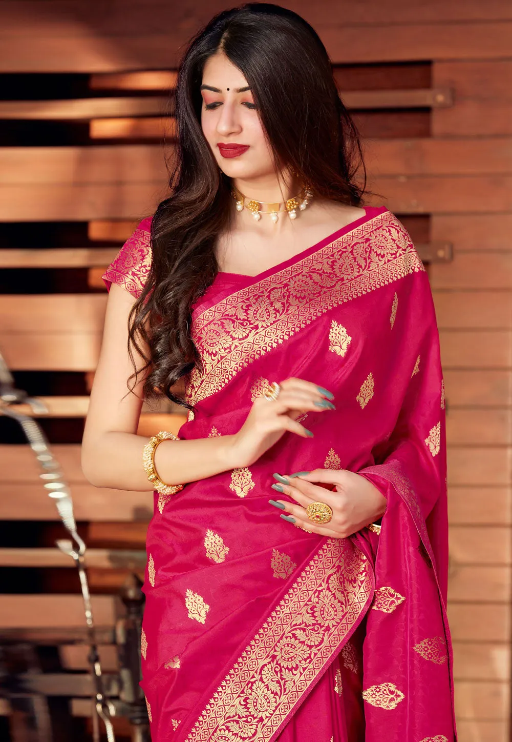 Pink Golden Jacquard Silk Saree